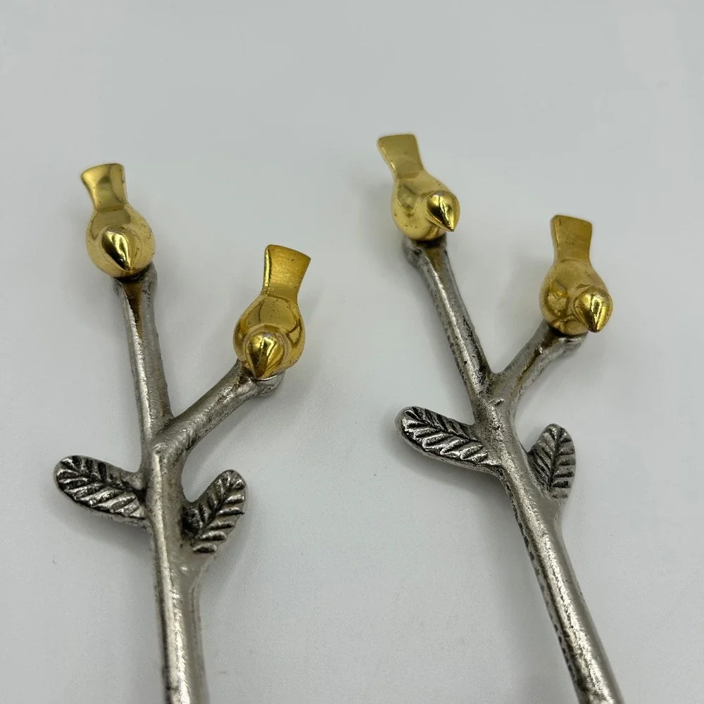 Vintage Style Bird on Branch Salad Server Set Silver Gold Tone Spoon and Fork